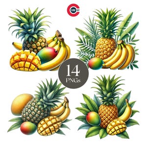 Clipart aquarelle de fruits tropicaux, fruits frais, fruits exotiques, ananas, banane, pomme, mangue, Junk Journal, scrapbooking et sublimation