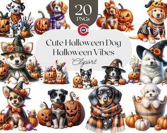 Può includere: Clipart digitale con vari cani vestiti con costumi di Halloween. I cani sono circondati da zucche e altre decorazioni festive. Il testo "Cute Halloween Dog Halloween Vibes Clipart" è visualizzato.