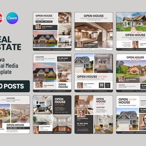 May include: A set of 10 social media posts for real estate agents. Each post features a photo of a house with the text "Open House" and the date and time of the open house. The posts are designed to be used on platforms like Instagram and Facebook.