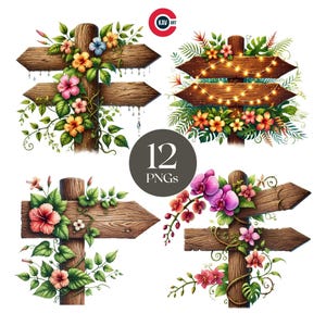 Houten wegwijzers clipart, vintage houten borden, rustieke wegwijzers, houten wegwijzers met bloemen, rommeljournaal, scrapbooking en sublimatie