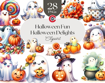 Ghost Clipart Bundle, Halloween Pumpkin PNG Graphics (Digital Download)