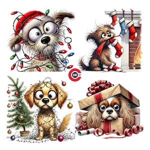 Quirky Dog Clipart, Cute Funny Quirky Dog With Christmas Decorations, Funny Zany Expression Dog, Junk Journal, Scrapbooking and Sublimation