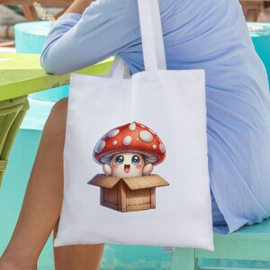 Peut inclure: Sac fourre-tout blanc avec un personnage de champignon rouge et blanc dans une bo&icirc;te brune. Le champignon a un visage blanc avec des yeux noirs et un sourire.