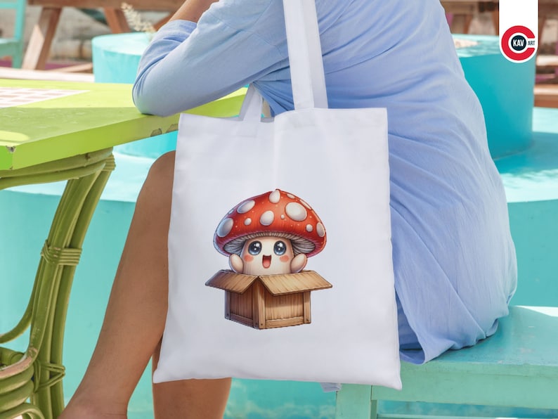 Peut inclure: Sac fourre-tout blanc avec un personnage de champignon rouge et blanc dans une bo&icirc;te brune. Le champignon a un visage blanc avec des yeux noirs et un sourire.
