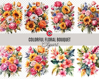 Clipart di bouquet floreale ad acquerello: fiori primaverili PNG (download digitale)