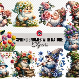 Spring Gnomes Clipart, Nursery Art, Garden Gnome Clipart, Spring Gnomes, Gnome With Flowers, Gnome sublimation, Transparent background