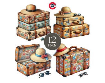 Vintage Suitcase Clipart: Watercolor Travel Stickers (Digital Download)