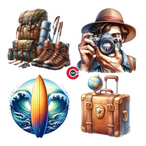 Clipe de pacote de viagem, gráficos de férias, clipart de avião, mala e bagagem, diários de lixo, scrapbooking e sublimação