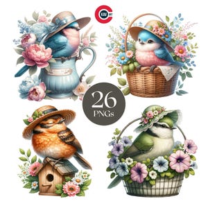 Whimsical Garden Bird Clipart: Spring Flowers, Vintage Botanical PNG (Digital Download)
