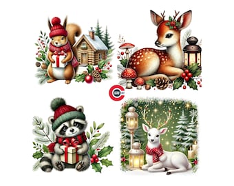 Clipart ze zwierzętami świątecznymi: Świąteczny PNG (pobieranie cyfrowe)