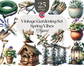 Vintage Gartenarbeit Clipart Set: Gartenwerkzeuge, Gießkanne (Digitaler Download)