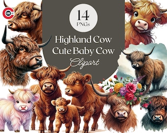 Highland Cow Watercolor Clipart: Baby Animals, Floral (Digital Download)
