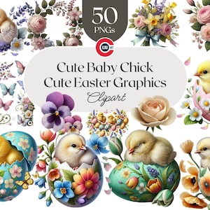 Osterküken Clipart, süßes Küken mit Blumen und Osterei, Grafiken zum Dekorieren von Osterkarten, Scrapbooking und Sublimation