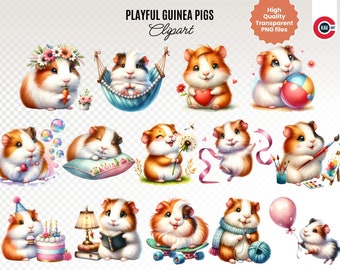 Playful Guinea Pigs! Watercolor Clipart Bundle, Cute Guinea Pigs Clipart, Transparent background PNG clipart with commercial use