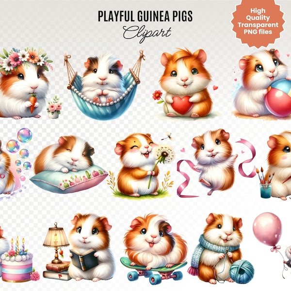 Playful Guinea Pigs! Watercolor Clipart Bundle, Cute Guinea Pigs Clipart, Transparent background PNG clipart with commercial use