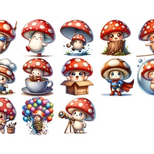 Peut inclure: Un ensemble de 14 illustrations num&eacute;riques repr&eacute;sentant de jolis champignons de dessin anim&eacute; avec diff&eacute;rentes expressions et activit&eacute;s. Les champignons sont rouges avec des points blancs et ont des traits humains, y compris des yeux, une bouche et des bras. Ils sont engag&eacute;s dans diverses activit&eacute;s, telles que la lecture, la cuisine, le jeu et la d&eacute;tente.