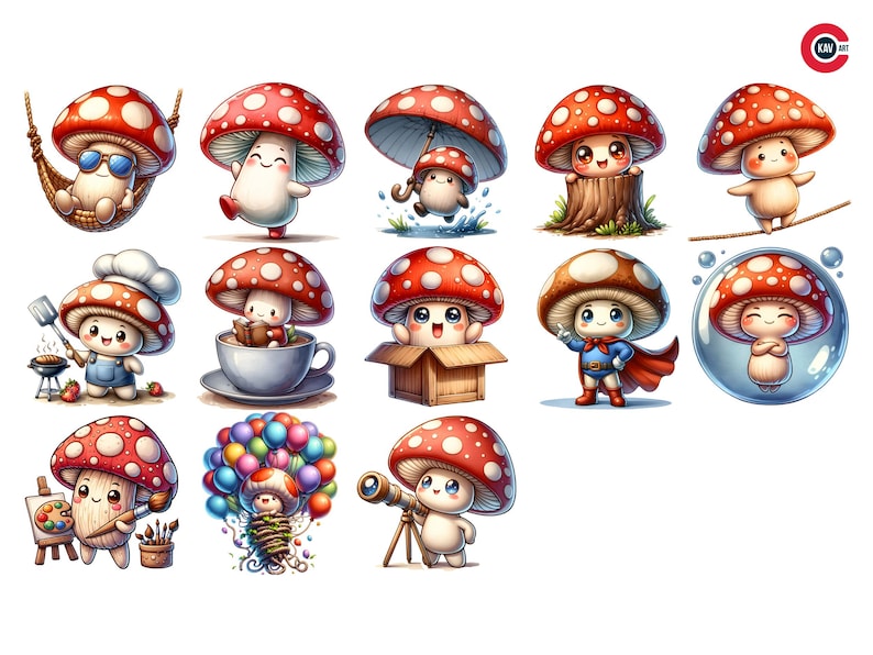 Peut inclure: Un ensemble de 14 illustrations num&eacute;riques repr&eacute;sentant de jolis champignons de dessin anim&eacute; avec diff&eacute;rentes expressions et activit&eacute;s. Les champignons sont rouges avec des points blancs et ont des traits humains, y compris des yeux, une bouche et des bras. Ils sont engag&eacute;s dans diverses activit&eacute;s, telles que la lecture, la cuisine, le jeu et la d&eacute;tente.