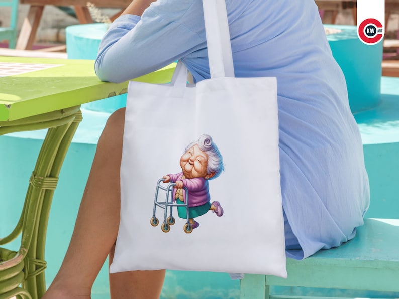 May include: White tote bag featuring a cartoon illustration of a woman with grey hair pushing a walking frame. The woman is smiling and wearing a purple shirt and green trousers.