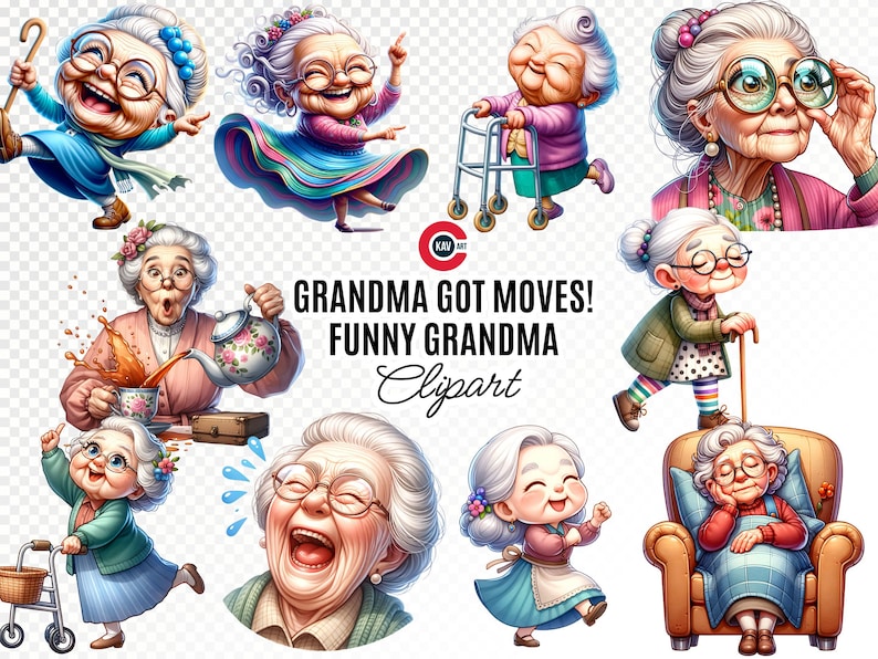 May include: A set of digital clipart illustrations featuring various funny grandmothers in different poses. The illustrations include a grandmother walking with a walking frame, a grandmother holding a teacup, a grandmother laughing, a grandmother sleeping in a chair, and a grandmother holding a stick. The text "Grandma Got Moves! Funny Grandma Clipart" is included in the image.