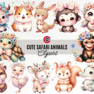 Lot de cliparts animaux de safari, aventure dans la jungle, hippopotame, lion, girafe, tigre, éléphant, décoration de chambre d'animaux mignons, fond transparent
