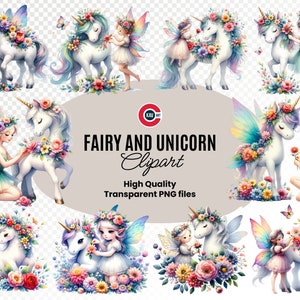 Fée mignonne décoration licorne avec fleurs clipart aquarelle, clipart fée magique, clipart fée Wishmecle, clipart PNG, usage Commercial