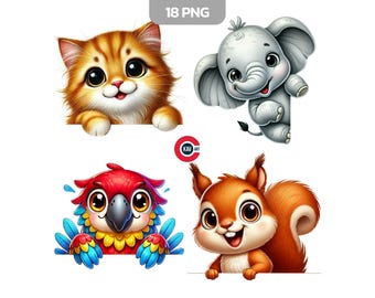 Peeking Animals Clipart Bundle, PNG Images (Digital Download)
