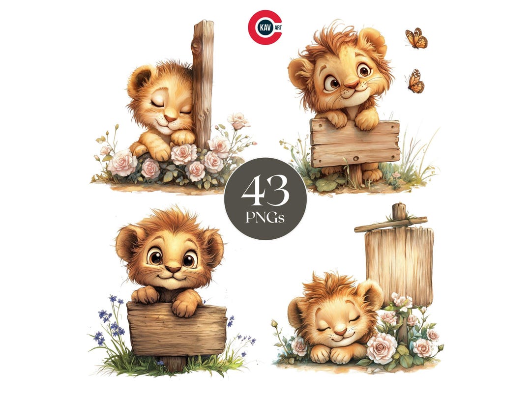 Lion Cub Clipart, Cute Baby Lion With Blank Signpost, Cute Animals ...