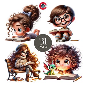 Bookish girl reading a book clipart, Cute girl reading book, Cute animals graphics, Cute girl quirky hairstyle, Scrapbooking and Sublimation