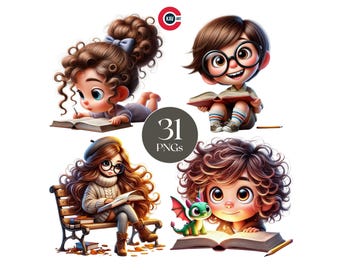 Clipart de menina leitora, imagens PNG aconchegantes de leitura.