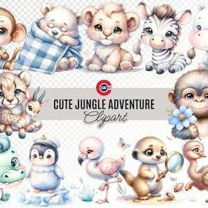 Aventure dans la jungle, lot de cliparts animaux de safari, hippopotame, lion, girafe, tigre, éléphant, décoration de chambre d'animaux mignons, fond transparent