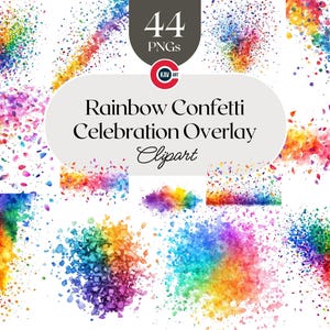 Könnte beinhalten: 44 digitale Clipart-Bilder von Regenbogen-Konfetti in verschiedenen Formen und Größen. Das Konfetti ist auf einem weißen Hintergrund verstreut.  Rainbow Confetti Celebration Overlay Clipart.