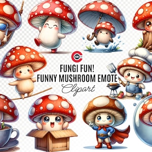 Peut inclure: Un ensemble de 10 images clipart num&eacute;riques repr&eacute;sentant de mignons champignons de dessin anim&eacute; avec diff&eacute;rentes expressions et accessoires. Les champignons sont rouges avec des points blancs et ont des traits humains. L'ensemble comprend un champignon portant des lunettes de soleil, un champignon tenant une spatule, un champignon portant un chapeau de chef, et plus encore.