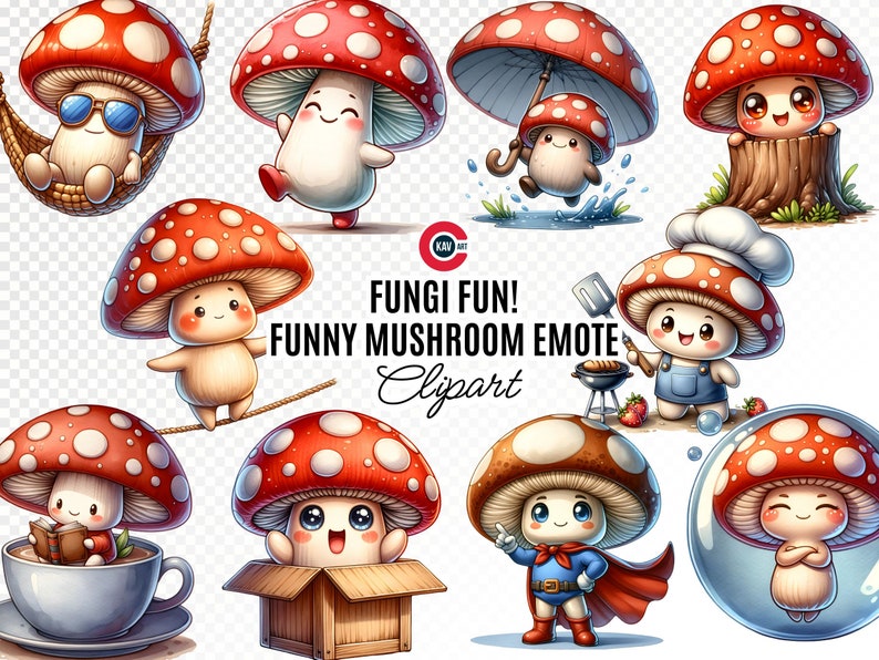 Peut inclure: Un ensemble de 10 images clipart num&eacute;riques repr&eacute;sentant de mignons champignons de dessin anim&eacute; avec diff&eacute;rentes expressions et accessoires. Les champignons sont rouges avec des points blancs et ont des traits humains. L'ensemble comprend un champignon portant des lunettes de soleil, un champignon tenant une spatule, un champignon portant un chapeau de chef, et plus encore.