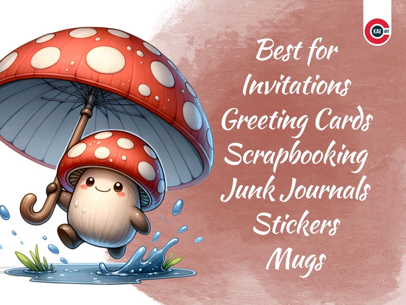 Peut inclure: Un champignon de dessin anim&eacute; avec un chapeau rouge et blanc tient un parapluie rouge et blanc. Le champignon marche dans une flaque d'eau. Le texte "Best for Invitations, Greeting Cards, Scrapbooking, Junk Journals, Stickers, Mugs" est en arri&egrave;re-plan.