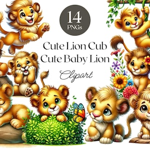 Lindo cachorro de león en acuarela, clipart de león bebé, animales salvajes, león pequeño, animales bebés, diario basura, álbumes de recortes y sublimación