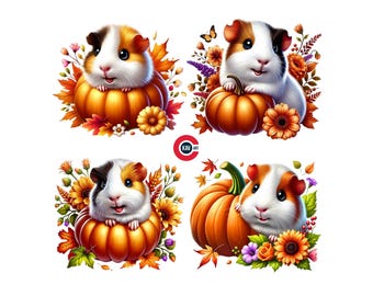 May include: Four adorable guinea pigs are nestled inside orange pumpkins, surrounded by colourful autumn leaves and flowers. The guinea pigs have brown and white fur and are looking at the camera with cute expressions.