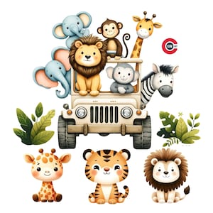 Paquete de imágenes prediseñadas de animales de safari, aventura en la jungla, animales de safari en la jungla en un paseo de safari, decoración de guardería, ¡Jamboree en la jungla!, PNG transparente