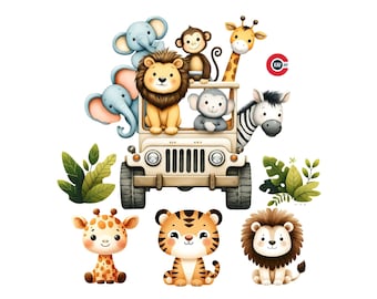 Safari Animals clipart Bundle, Jungle Adventure, Jungle Safari Animals on Safari Ride, Nursery Decor, Jungle Jamboree!, Transparent PNG
