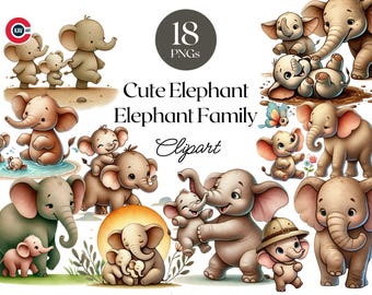 Watercolor Elephant Clipart, Baby Elephant Family (Digital Download)