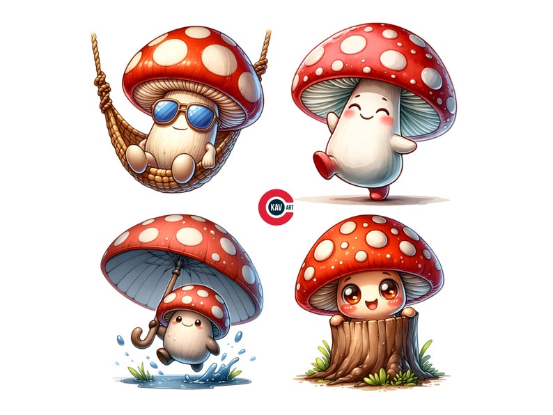Peut inclure: Quatre champignons de dessin anim&eacute; avec des chapeaux rouges et blancs. Un champignon porte des lunettes de soleil et se d&eacute;tend dans un hamac. Un autre champignon danse. Le troisi&egrave;me champignon tient un parapluie et &eacute;clabousse dans une flaque d'eau. Le quatri&egrave;me champignon sort d'une souche d'arbre.