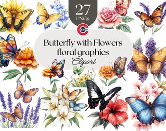 Clipart floral de mariposa: Gráficos PNG de flores vibrantes (descarga digital)