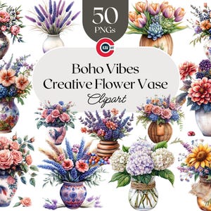 May include: A collection of 50 digital clipart images featuring various flower arrangements in different vases. The flowers are painted in a watercolor style and include roses, lavender, sunflowers, and dahlias. The vases are also painted in a watercolor style and include a variety of shapes and sizes.