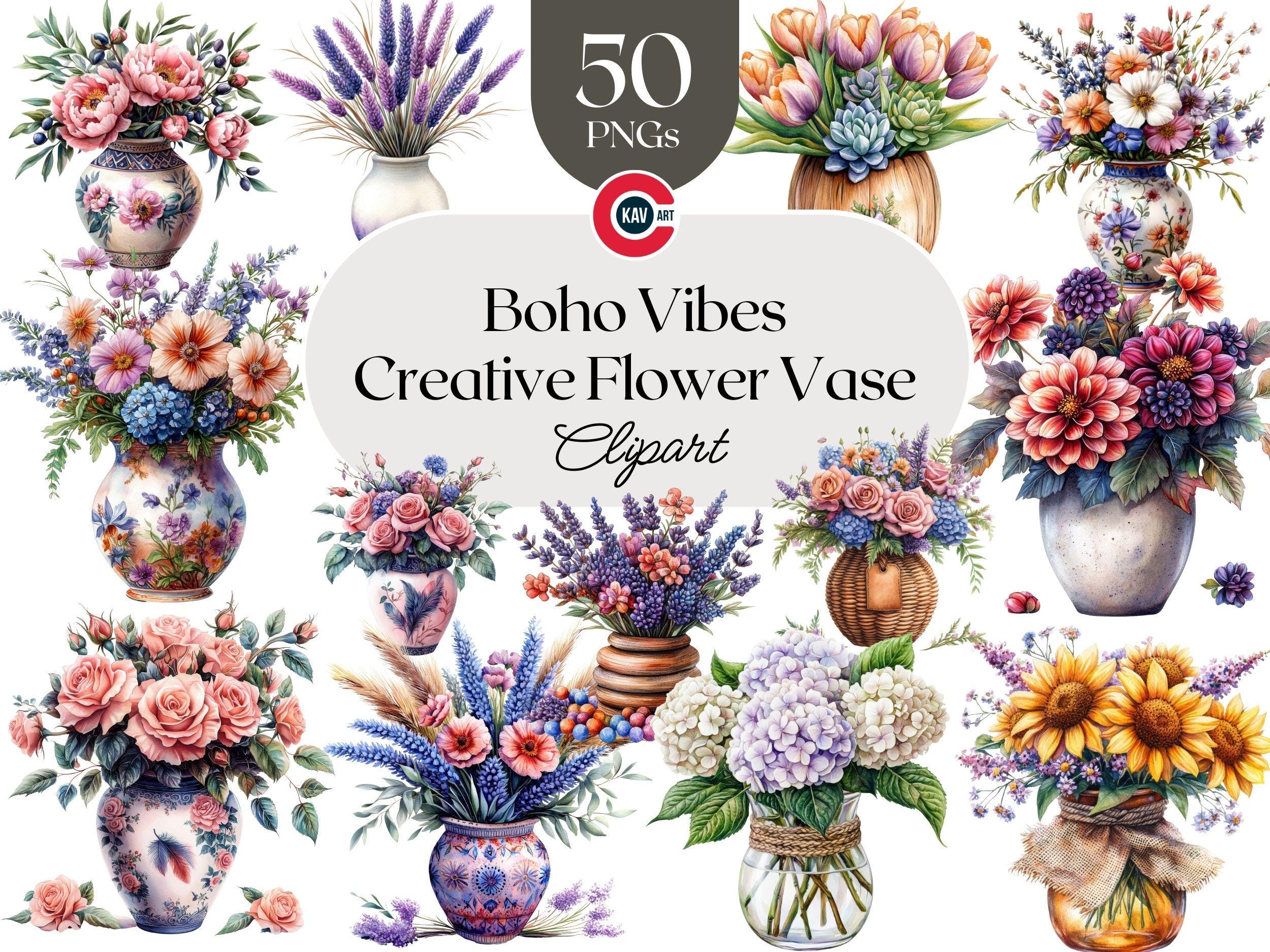 Boho Flower Vase Watercolor Clipart: Floral PNG (digital Download) - Etsy, image size:2500x1875