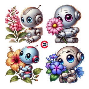 Clipart robota, robot z kwiatem, ciekawe emocje robota, ciekawe kwiaty robota, dzienniki śmieci, scrapbooking i sublimacja