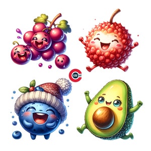 Clipart fruits, clipart emote fruits drôles, pomme, kiwi, avocat, clipart raisins, emotes Ftuit, journaux indésirables, scrapbooking et sublimation