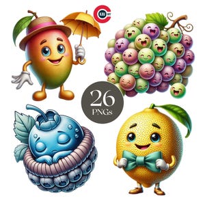 Obst Clipart PNG Bundle, niedliche Obst Charaktere und lustige Obst Emotes, digitale Download Grafiken für Sublimation, Kinderzimmer Kunst, Bastelprojekte