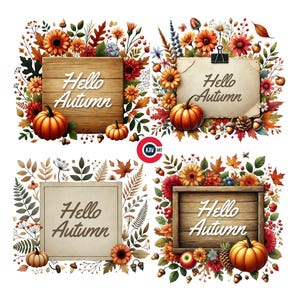 Clipart de otoño, temporada de otoño, tarjeta con temática de otoño, diseño floral de otoño, gráficos de calabazas y flores de otoño, diario basura, álbum de recortes