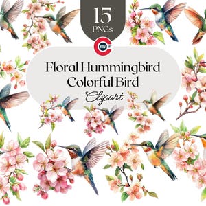 Imágenes prediseñadas de colibrí floral, pájaro floral colorido, colibrí con flores, colibrí con flor de cerezo, álbumes de recortes y sublimación
