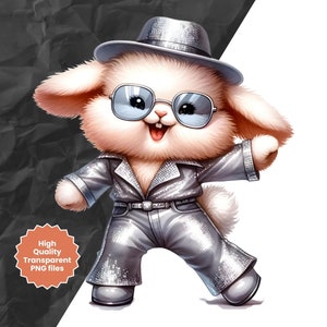 70s Cartoon Rabbit Bunny Disco Dance Watercolor Clipart: 70s Outfit (PNG, Commercial Use ...