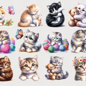 Clipart di gatti carini PNG, Clipart di gattini carini acquerello, Creazioni di stampa su richiesta, Disegno di gatti carini, PNG trasparente, Immagini di gatti carini